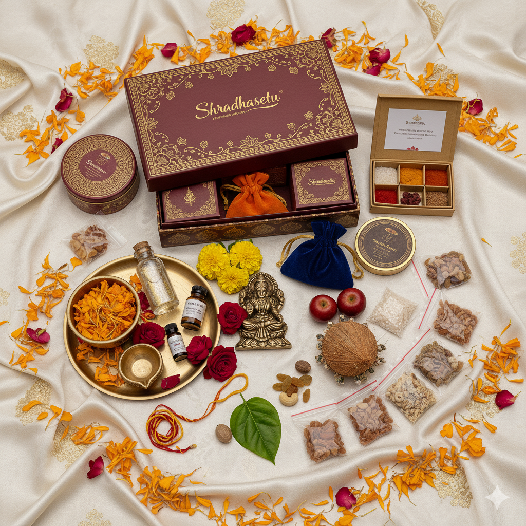 Close-up of premium samagri items